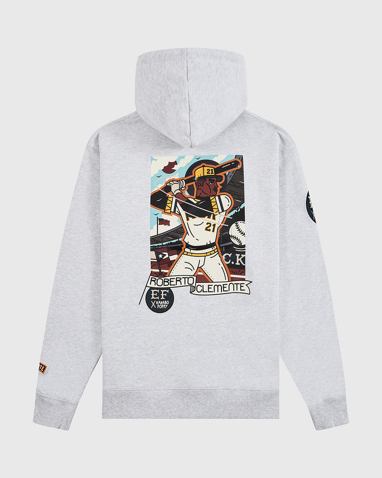 Celebrate Black History Month in style with the Karabo Poppy x Ebbets Field Roberto Clemente Heavyweight Cotton Pullover Hoodie, featuring a vibrant illustrated back graphic of Clemente by Ebbets Field.
