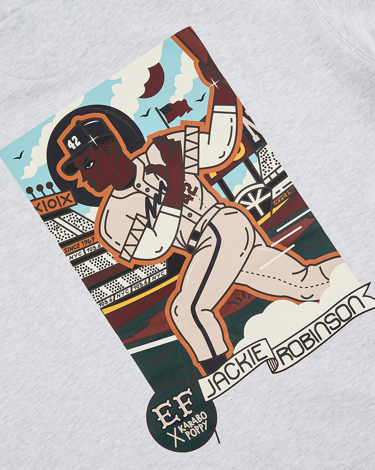 Illustration of Jackie Robinson batting in a stadium, “JACKIE ROBINSON” and “EF X KARABO POPPI.” His helmet reads 42. Celebrate Black History Month or pair with the Ebbets Field Karabo Poppy x Jackie Robinson Hoodie for extra style.