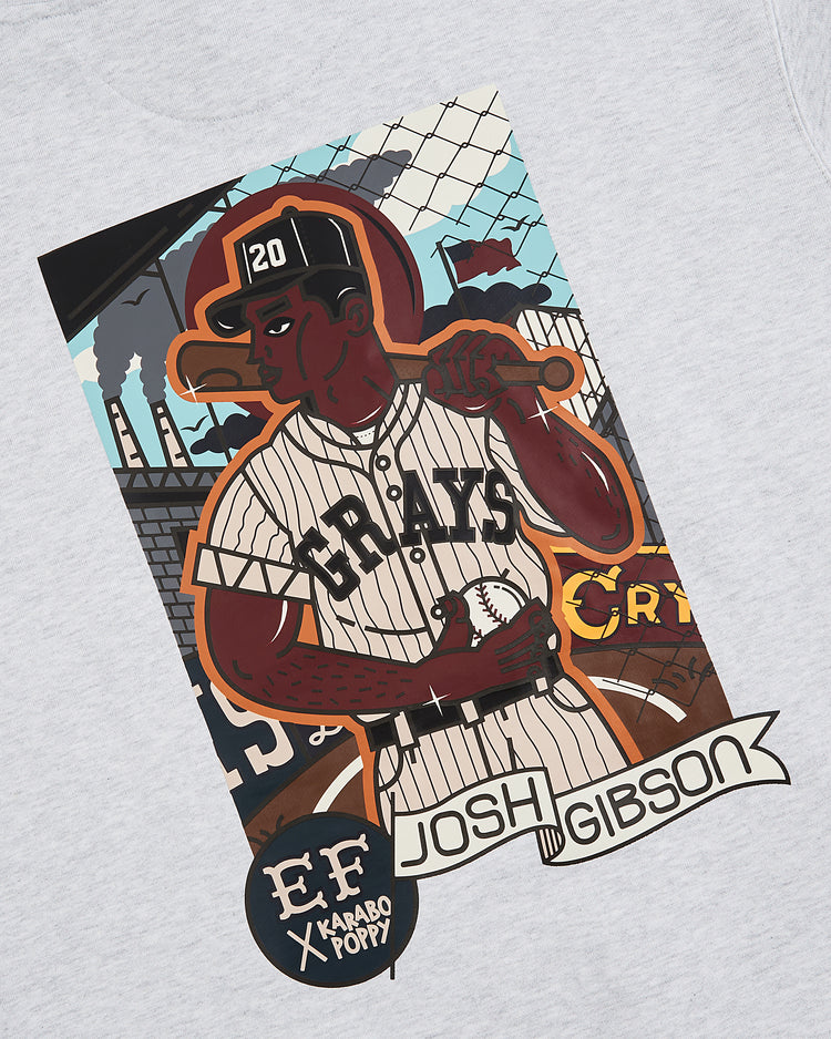 Illustration of Josh Gibson in a vintage Negro Leagues uniform by Karabo Poppy on the Ebbets Field x Karabo Poppy Josh Gibson Heavyweight Cotton Pullover Hoodie—perfect for fans seeking a unique tribute to the baseball legend.