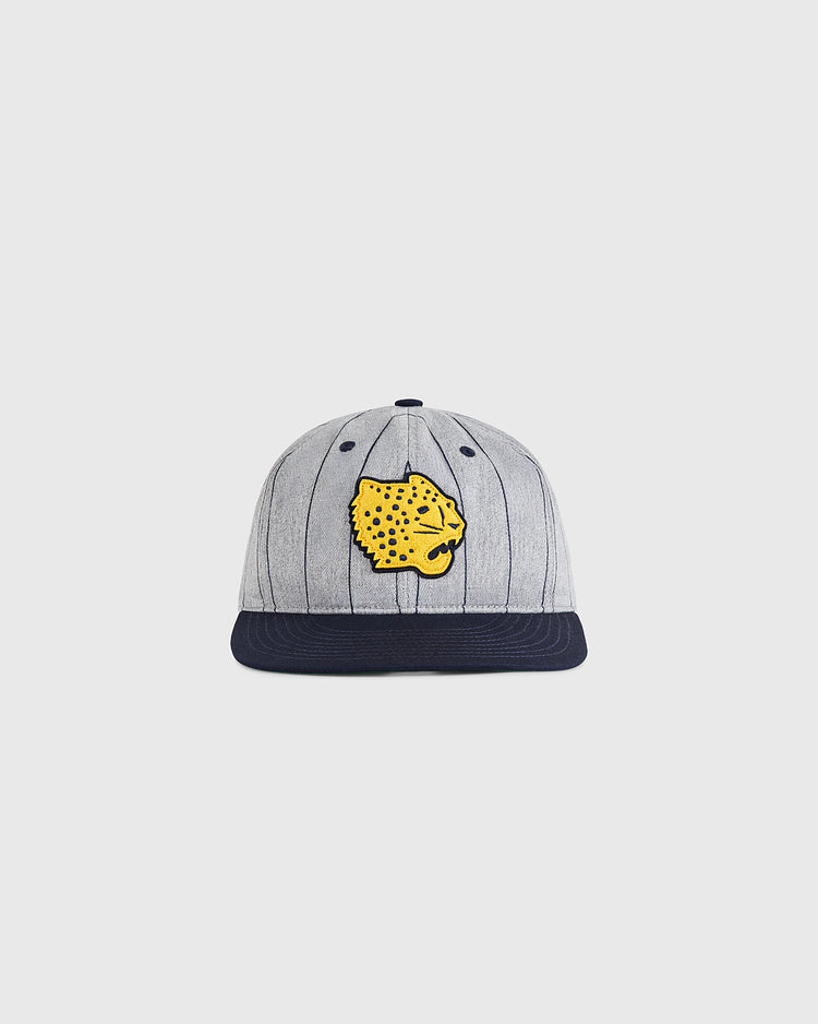 The Ebbets Field Santa Clara Leopardos 1925 Cotton Twill Ballcap features gray fabric with black pinstripes, a navy brim, and a yellow leopard head embroidered on the front.