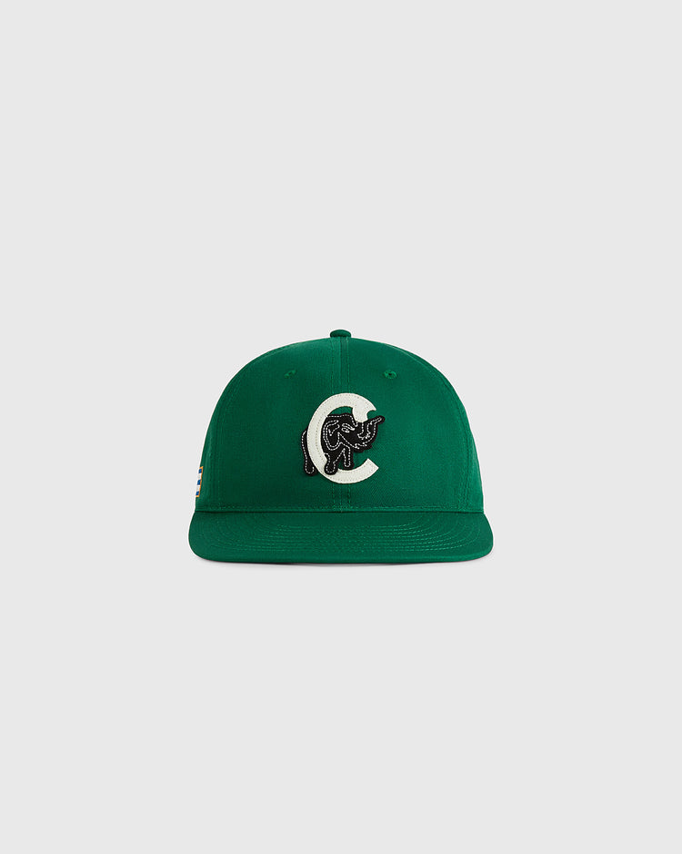 The Cienfuegos Elefantes Cotton Twill Ballcap by Ebbets Field is a green hat with a flat brim, a large white 