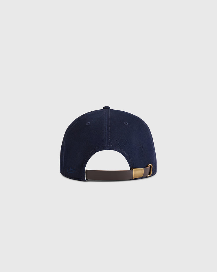 The Ebbets Field Santa Clara Leopardos 1925 cotton twill ballcap in navy blue is shown from the back, highlighting its adjustable brown strap with a gold buckle against a plain light gray background.