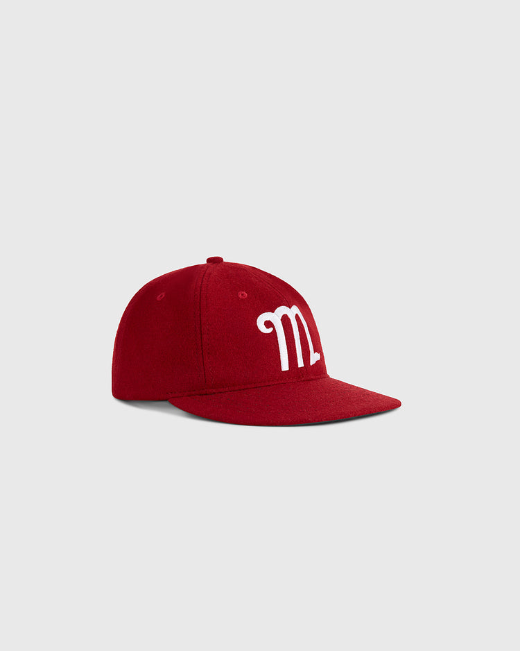 The Ebbets Field Mexico City Diablos Rojos 1957 Authentic Wool Ballcap features a red design with a white embroidered M on the front, shown against a plain light gray background.