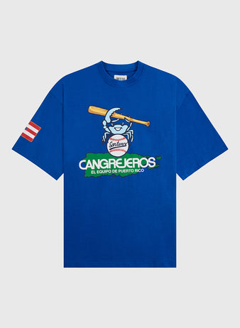 The Ebbets Field Santurce Cangrejeros Short Sleeve Graphic Tee features a crab with a baseball bat, 