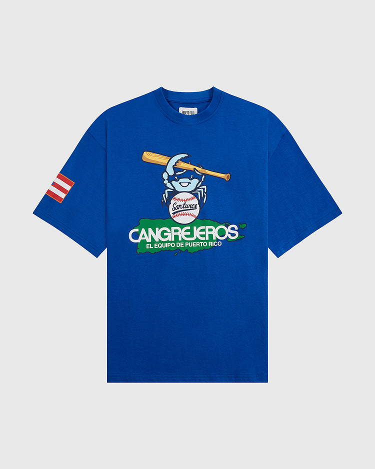 The Ebbets Field Santurce Cangrejeros Short Sleeve Graphic Tee features a crab with a baseball bat, 