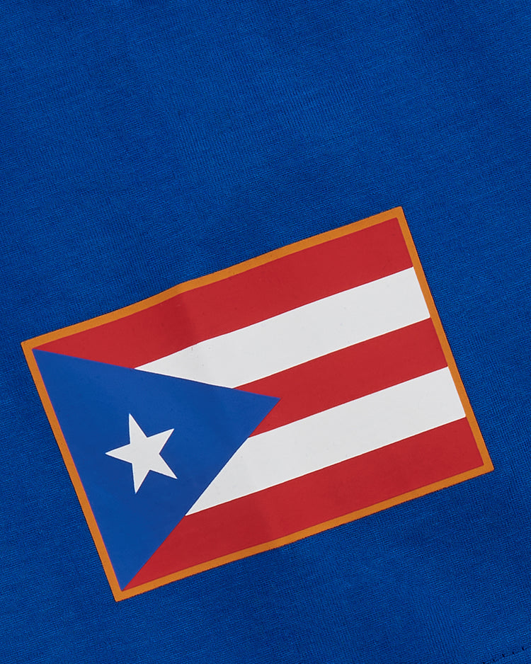 The Santurce Cangrejeros Short Sleeve Graphic Tee by Ebbets Field features the Puerto Rican flag—ideal for Puerto Rican baseball fans or Santurce Cangrejeros supporters.
