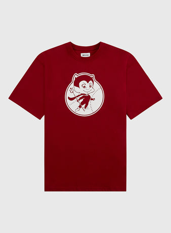 The Ebbets Field Diablos Rojos del Mexico Short Sleeve Graphic Tee features a maroon vintage design with a cartoon devil mascot and trident in a white chest circle, shown on a plain light grey background.