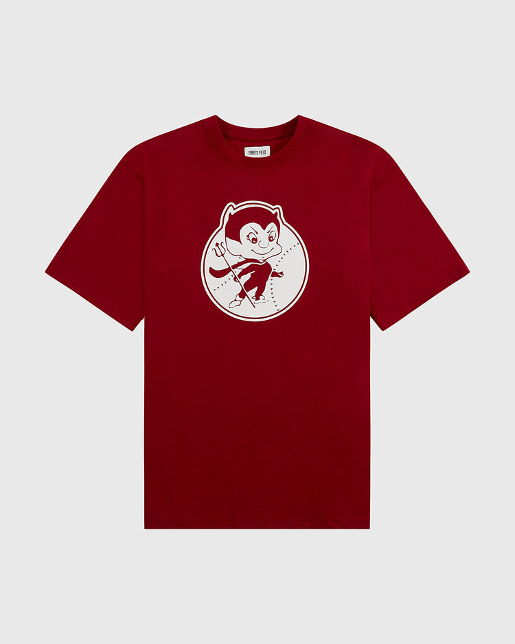 The Ebbets Field Diablos Rojos del Mexico Short Sleeve Graphic Tee features a maroon vintage design with a cartoon devil mascot and trident in a white chest circle, shown on a plain light grey background.