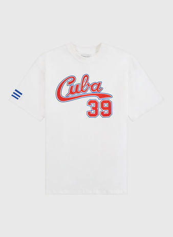 The Ebbets Field Cuba National Team Short Sleeve Graphic Tee features red script and the number 39 in red with a blue outline, three blue stripes on the left sleeve, and vintage baseball styling inspired by the Cuban national team.
