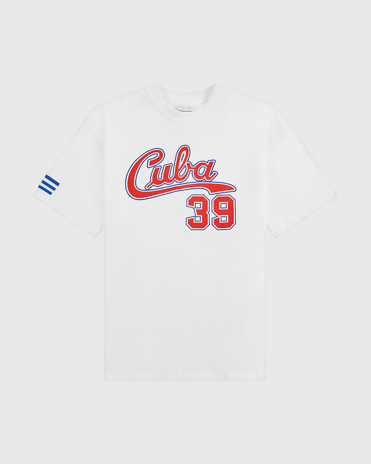 The Ebbets Field Cuba National Team Short Sleeve Graphic Tee features red script and the number 39 in red with a blue outline, three blue stripes on the left sleeve, and vintage baseball styling inspired by the Cuban national team.