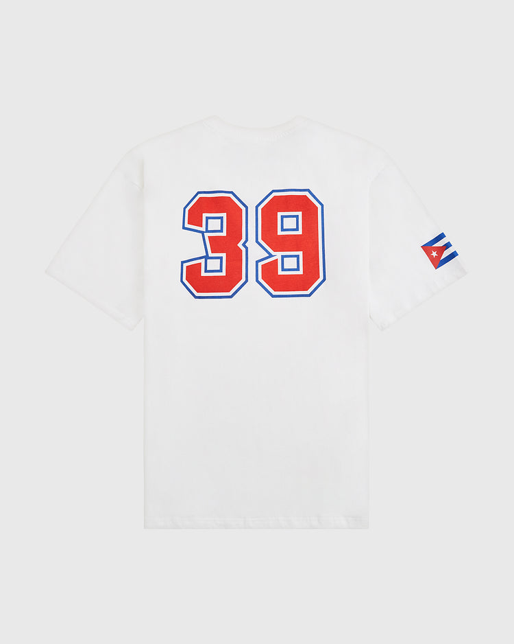The Ebbets Field Cuba National Team Short Sleeve Graphic Tee features a bold red and blue number 39 on the back and a Cuban flag patch on the left sleeve, inspired by classic Cuban baseball style.