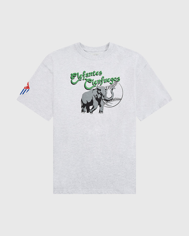 The Cienfuegos Elefantes Short Sleeve Graphic Tee by Ebbets Field features a light gray design with an elephant and baseball graphic, green 