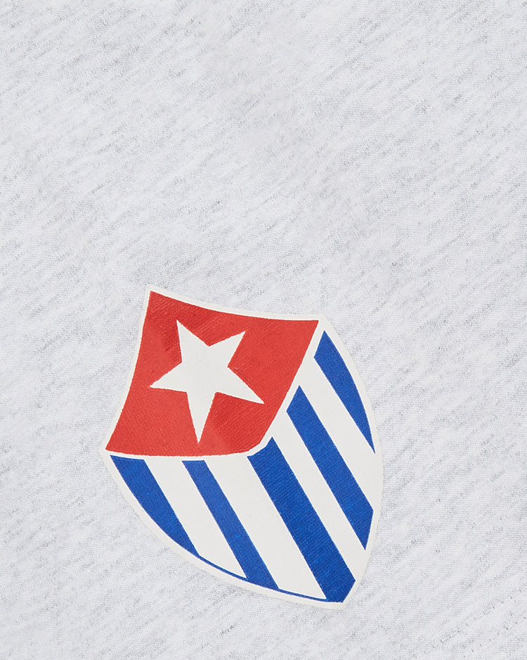 The Cienfuegos Elefantes Short Sleeve Graphic Tee by Ebbets Field features a shield logo with a red top, white star, and blue/white vertical stripes on light gray fabric, inspired by vintage Cuban League sports apparel.