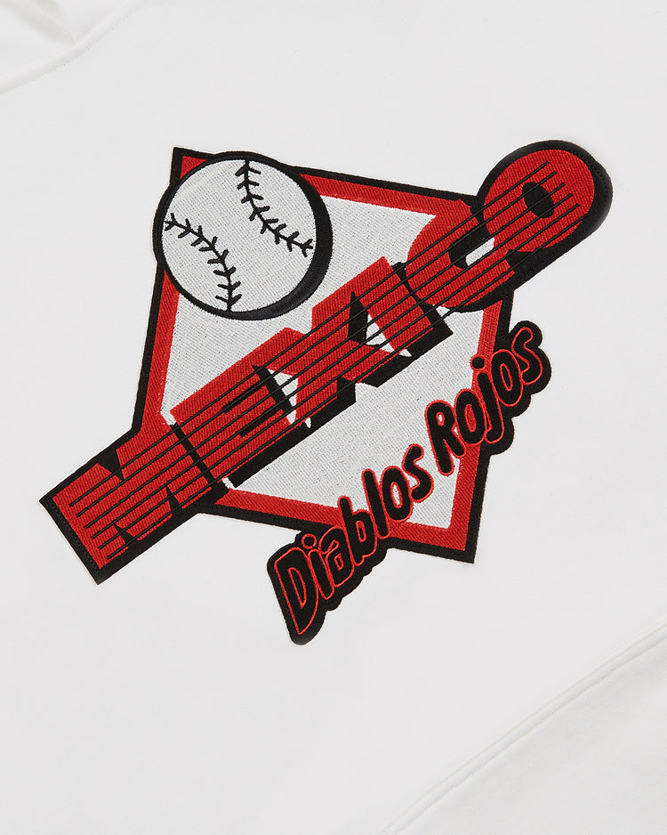 The Ebbets Field Diablos Rojos del Mexico Heavyweight Cotton Terry Pullover Hoodie features a red and black baseball graphic, home plate, bold “MEXICO” text, and angled “Diablos Rojos de México”—ideal for Liga Mexicana de Beisbol fans.