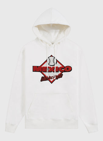 The Ebbets Field Diablos Rojos del Mexico Heavyweight Cotton Terry Pullover Hoodie features a baseball graphic and bold MEXICO text in a red diamond, with a front pocket and drawstring hood—ideal for Liga Mexicana de Beisbol fans.