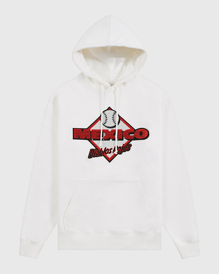 The Ebbets Field Diablos Rojos del Mexico Heavyweight Cotton Terry Pullover Hoodie features a baseball graphic and bold MEXICO text in a red diamond, with a front pocket and drawstring hood—ideal for Liga Mexicana de Beisbol fans.