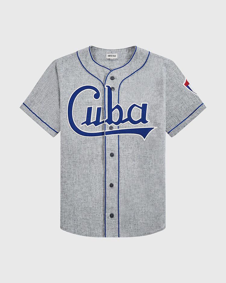 The EFF Cuba National Team 1947 Authentic Wool Road Baseball Jersey features gray wool, blue piping, 