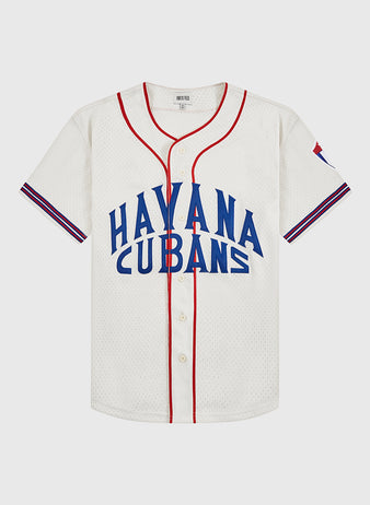 The Ebbets Field Havana Cubans Mesh Button-Up Jersey features white mesh with red trim, blue and red sleeve stripes, bold blue 
