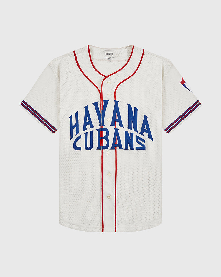 The Ebbets Field Havana Cubans Mesh Button-Up Jersey features white mesh with red trim, blue and red sleeve stripes, bold blue 