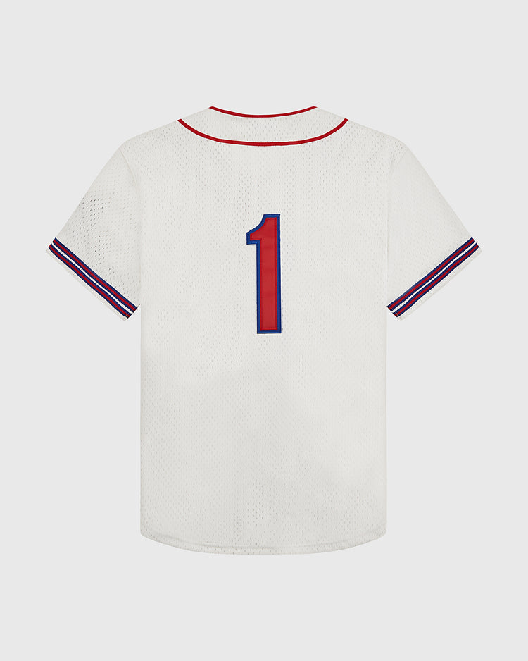 The Havana Cubans Mesh Button-Up Jersey by Ebbets Field is a white vintage-style short-sleeve with red and blue striped trim on the sleeves and collar, plus a bold red and blue number 1 on the back.