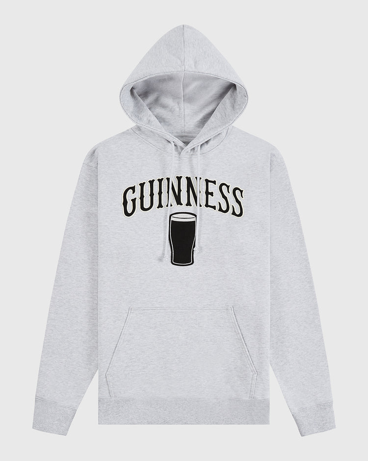 The Guinness Heavyweight Cotton Terry Pullover Hoodie by Ebbets Field is a light gray hoodie with a front pocket, featuring 