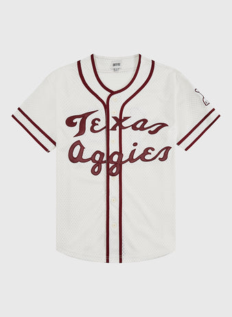The Ebbets Field Texas A&M University 1952 Button-Up Mesh Jersey features maroon trim, buttons, 