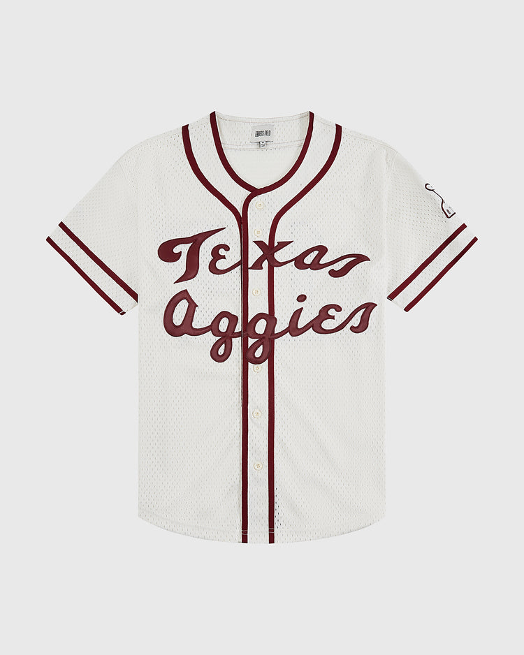 The Ebbets Field Texas A&M University 1952 Button-Up Mesh Jersey features maroon trim, buttons, 