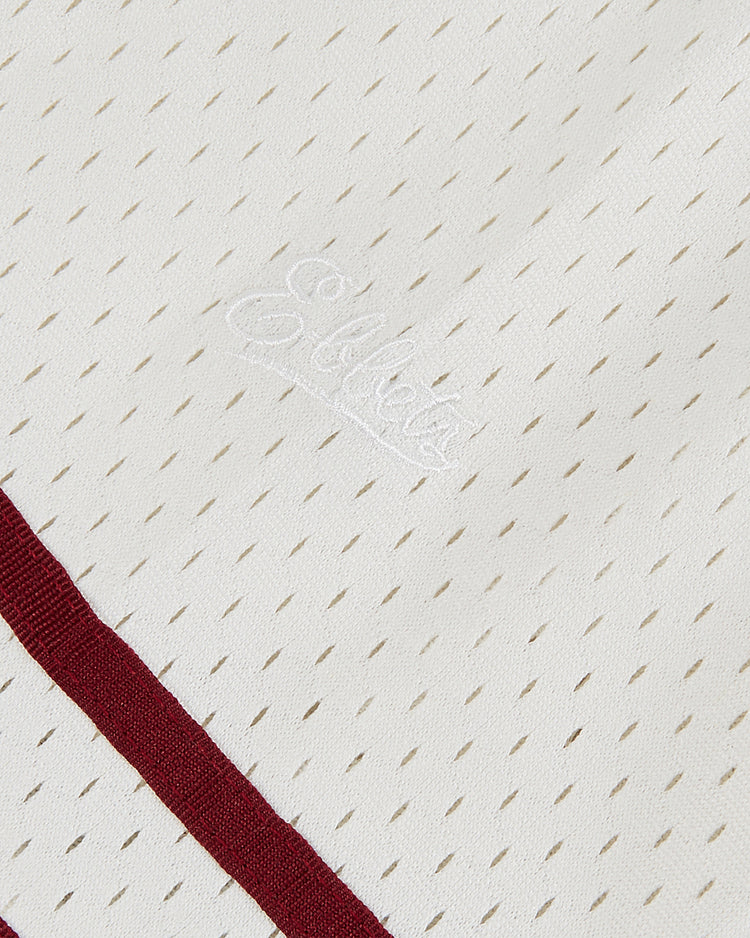 Close-up of white mesh fabric with diagonal maroon stripes and 