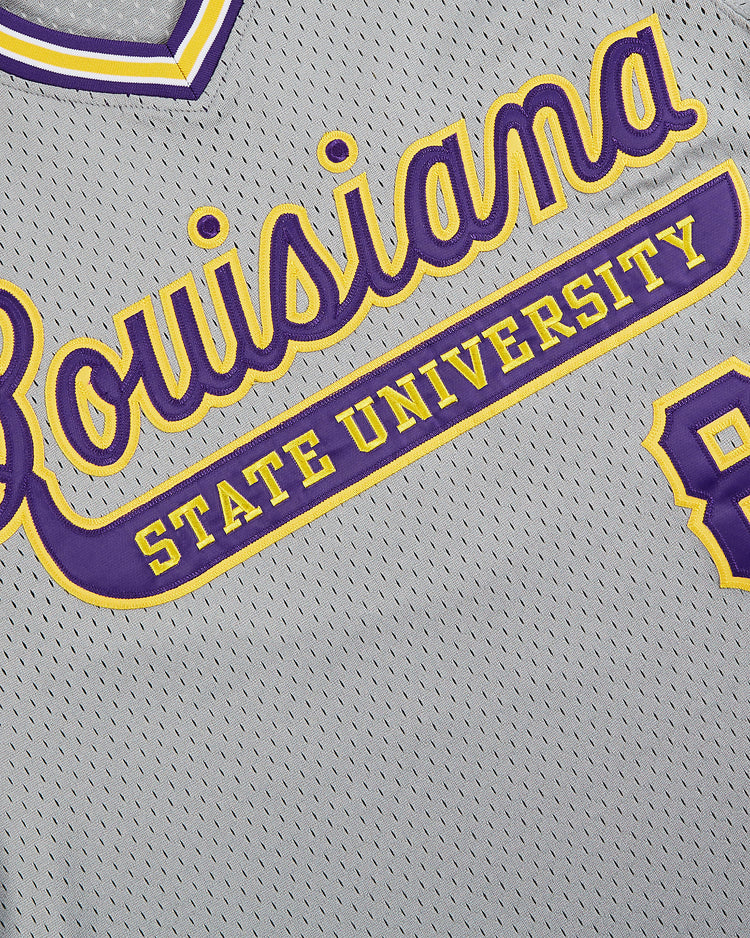 Close-up of the Ebbets Field Louisianna State University 1987 V-Neck Mesh Jersey, featuring gray mesh fabric with 