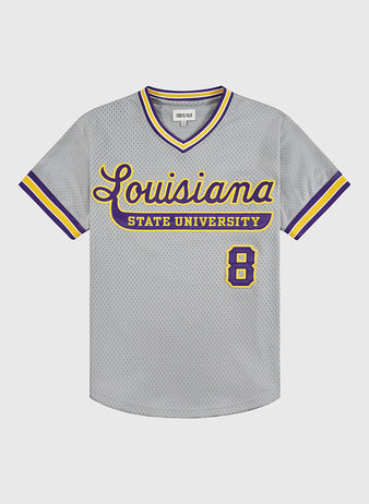 The Ebbets Field Louisianna State University 1987 V-Neck Mesh Jersey features gray mesh, yellow and purple script across the chest, number 8 on the lower right, and striped sleeves and collar—an authentic LSU Tigers replica.