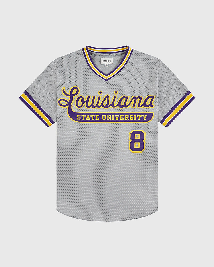 The Ebbets Field Louisianna State University 1987 V-Neck Mesh Jersey features gray mesh, yellow and purple script across the chest, number 8 on the lower right, and striped sleeves and collar—an authentic LSU Tigers replica.