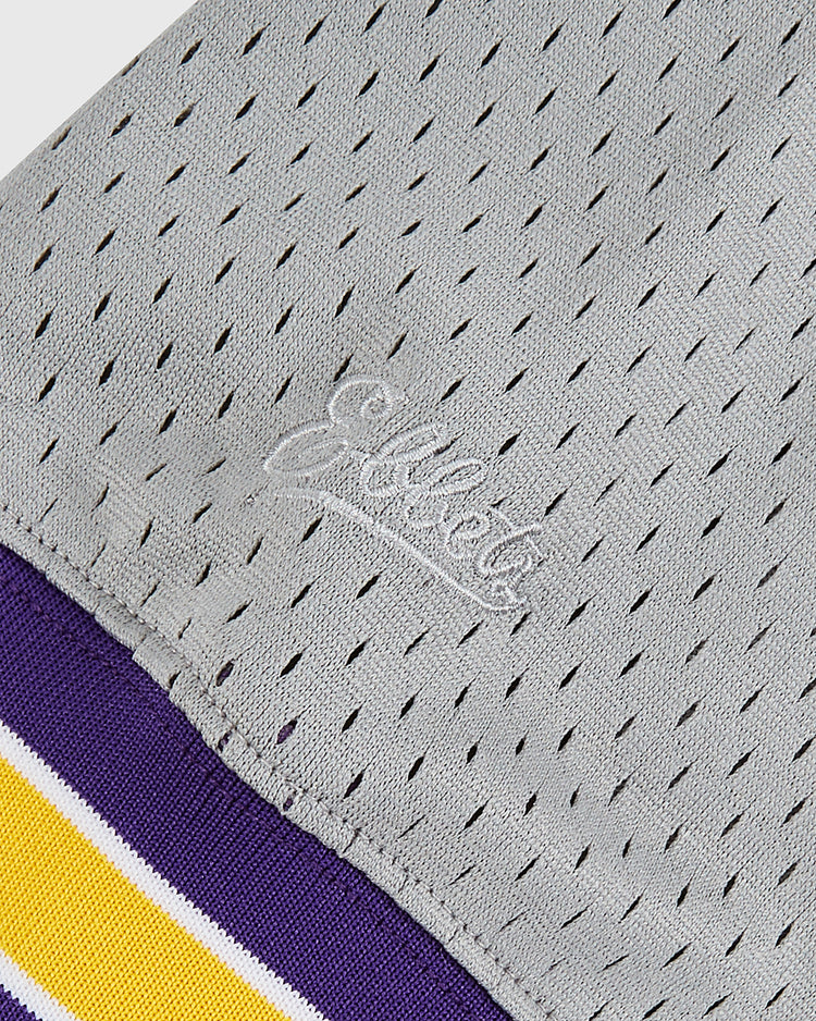 Close-up of the Ebbets Field Louisianna State University 1987 V-Neck Mesh Jersey in gray mesh with 