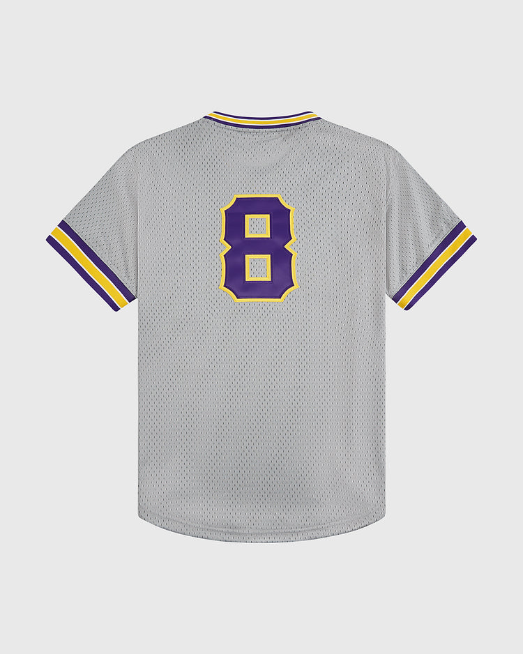 The Ebbets Field Louisianna State University 1987 V-Neck Mesh Jersey features gray mesh, purple and yellow striped sleeves and collar, plus a bold number 8 on the back—ideal for LSU Tigers fans who love retro style.