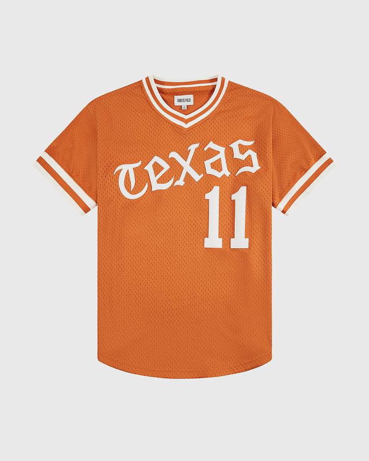 The Ebbets Field University of Texas 1982 V-Neck Mesh Jersey features orange mesh, striped sleeves, 