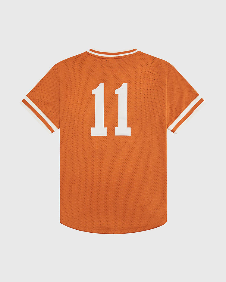 The University of Texas 1982 V-Neck Mesh Jersey by Ebbets Field features orange mesh, white sleeve stripes, and a large white number 11 on the back, inspired by the classic Longhorns design. Shown on a plain white background.