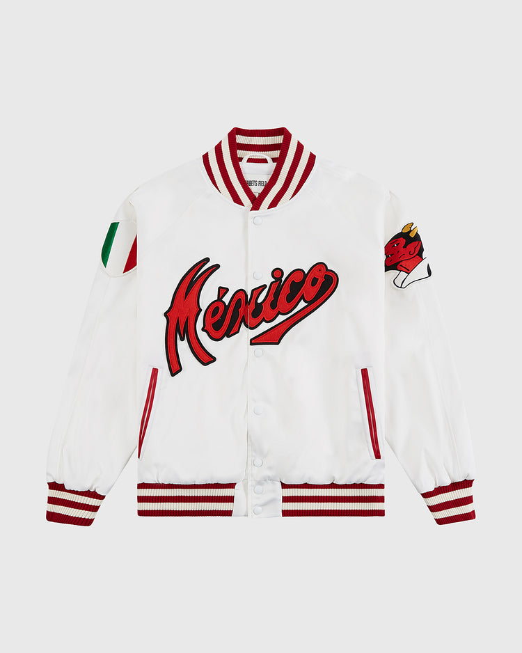 The Ebbets Field Diablos Rojos del Mexico Satin Varsity Jacket features red-striped cuffs, 