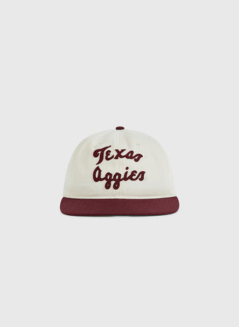 The Ebbets Field Texas A&M University 1952 Cotton Twill Ballcap is a vintage white hat with a maroon brim and 