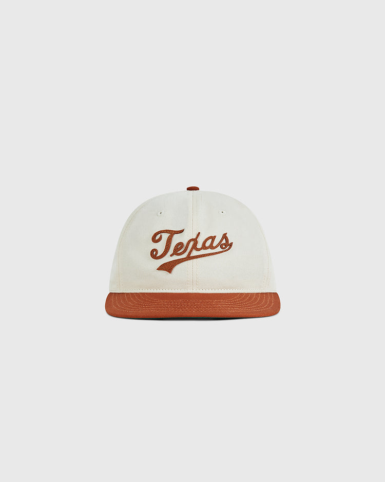 The Ebbets Field University of Texas 1975 Cotton Twill Ballcap features a white crown, brown brim, and 