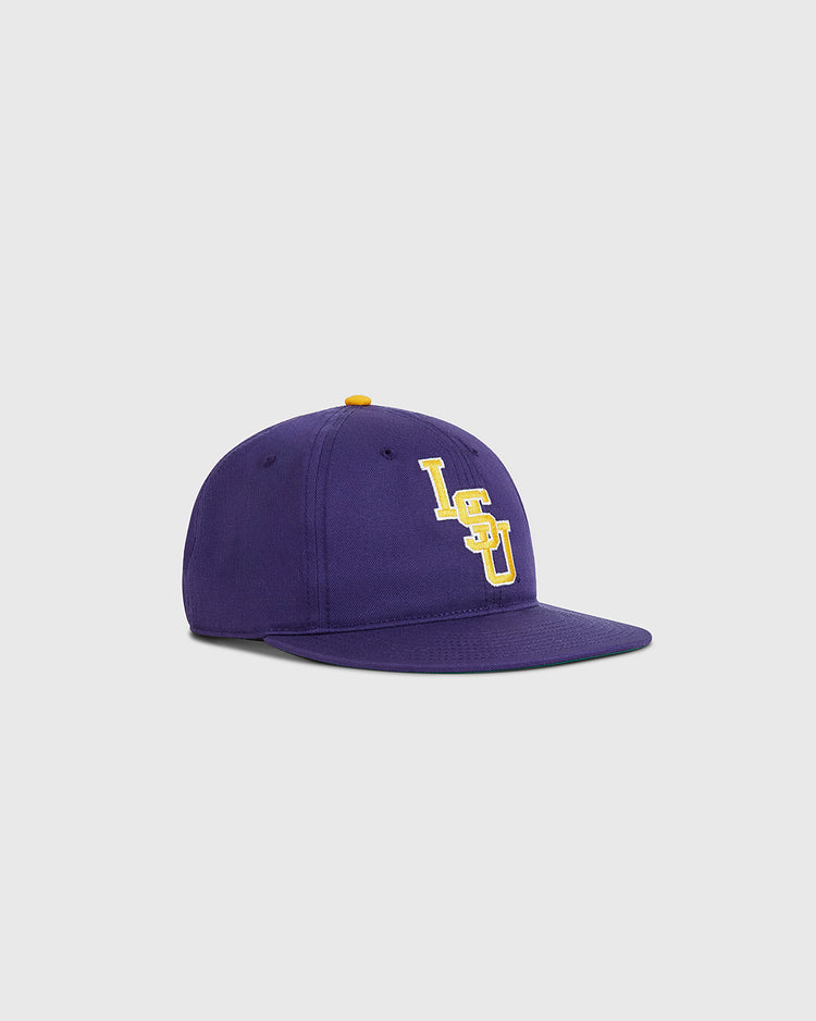 The Ebbets Field Louisiana State University 1987 Cotton Twill Ballcap, purple with a yellow top button and LSU in yellow and white on the front, is shown on a plain light grey background.