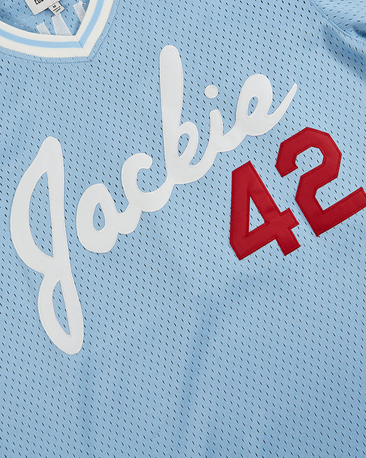 The Ebbets Field Jackie Robinson Powder Blue V-Neck Mesh Jersey has 