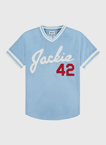 The Ebbets Field Jackie Robinson Powder Blue V-Neck Mesh Jersey features striped sleeves, bold red 42 on the right, and 