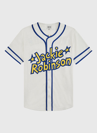 The Ebbets Field Jackie Robinson Comic Book Hero Button-Up Mesh Jersey is a white mesh jersey with blue trim and buttons, featuring bold yellow and blue lettering and stars inspired by comic books.