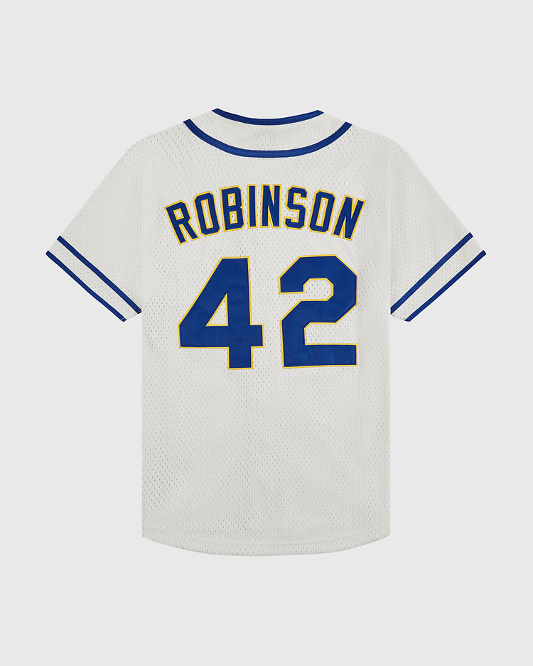 The Ebbets Field Jackie Robinson Comic Book Hero Button-Up Mesh Jersey is a white mesh jersey with blue trim, featuring 