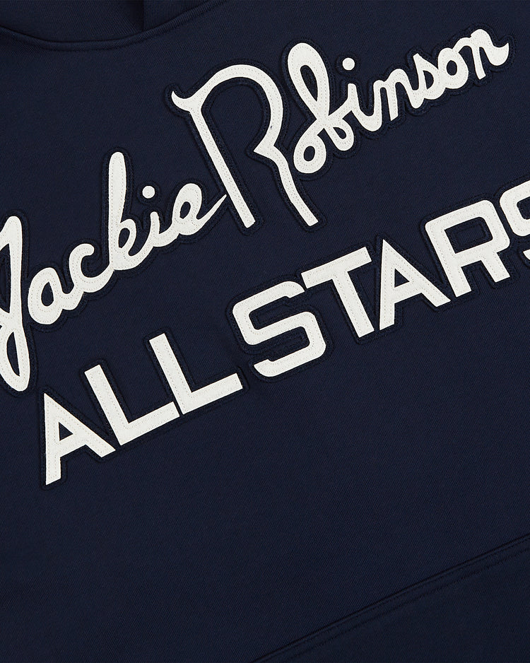 The Ebbets Field Jackie Robinson All-Stars Heavyweight Cotton Terry Pullover Hoodie features navy blue fabric and white embroidered “Jackie Robinson” script above “ALL STARS,” celebrating the Brooklyn Dodgers legend.
