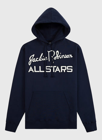 The Ebbets Field Jackie Robinson All-Stars Heavyweight Cotton Terry Pullover Hoodie features navy blue fabric, a front pocket, drawstrings, and 