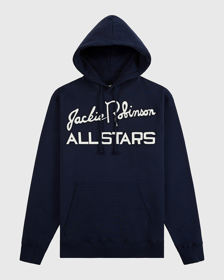 The Ebbets Field Jackie Robinson All-Stars Heavyweight Cotton Terry Pullover Hoodie features navy blue fabric, a front pocket, drawstrings, and 