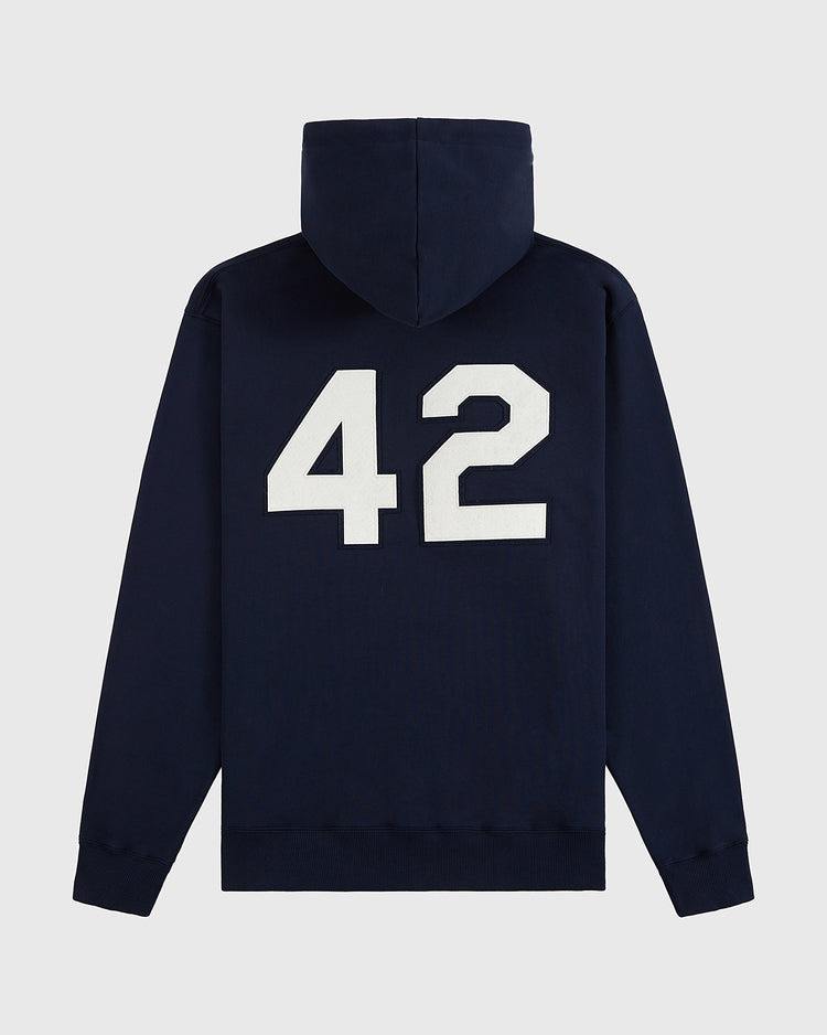 The Ebbets Field Jackie Robinson All-Stars Heavyweight Cotton Terry Pullover Hoodie in navy features a large white number 42 on the back, inspired by the iconic player, shown against a plain light gray background.