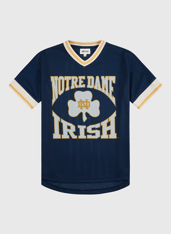 The Ebbets Field University of Notre Dame V-Neck Mesh Jersey features navy blue mesh with cream and gold trim, 