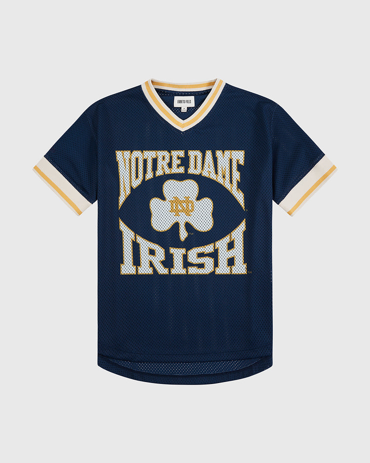 The Ebbets Field University of Notre Dame V-Neck Mesh Jersey features navy blue mesh with cream and gold trim, 