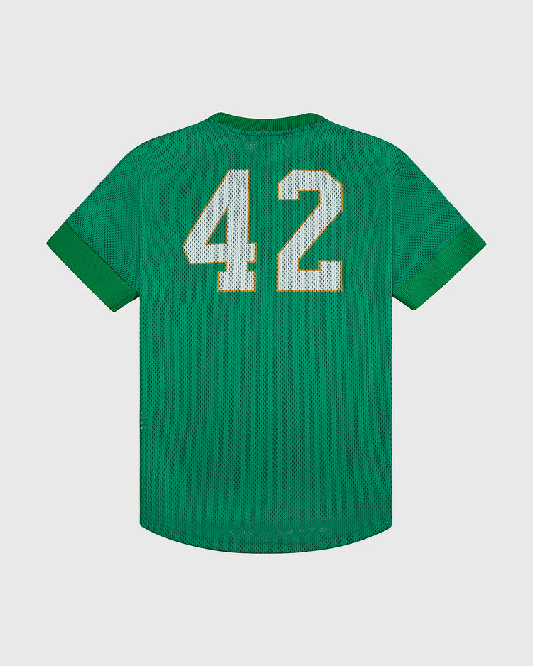 The Ebbets Field University of Notre Dame V-Neck Mesh Jersey features a green design with short sleeves and white number 42 on the back, displayed against a plain white background.